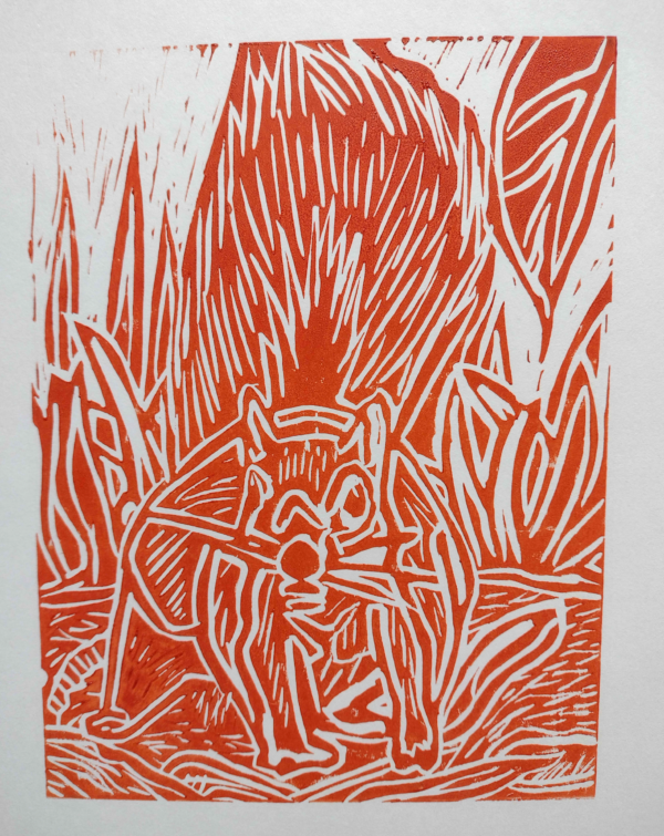 Squirrel II Orange Linocut Print